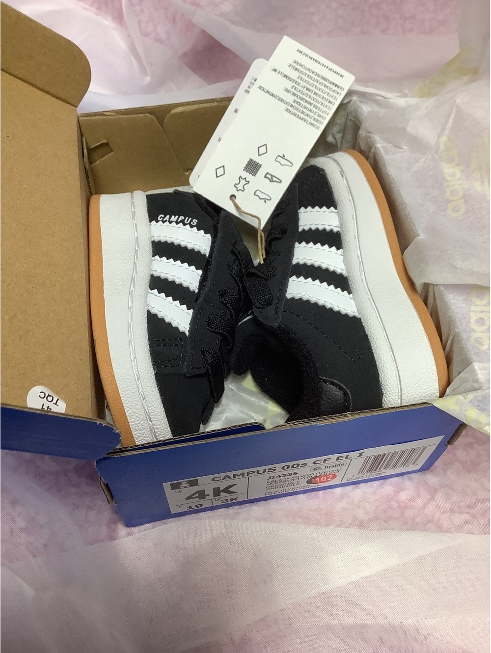Adidas Campus 00s CF EL I infant Sneakers Black White Gum Sole Size 4K